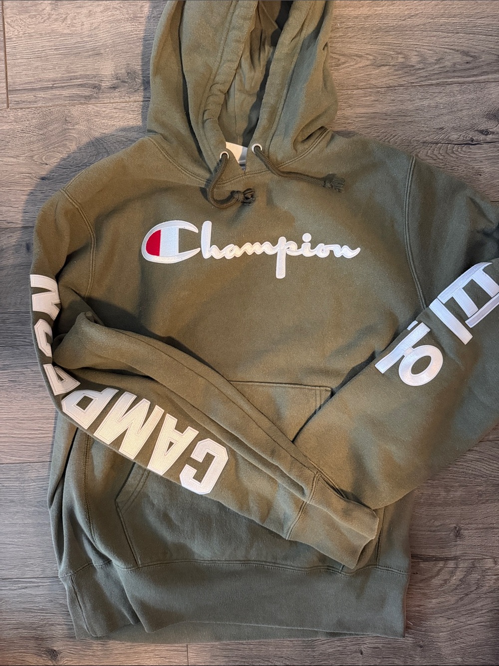 Champion Complexcon Olive Green Hoodie with White Logo and Red Accent